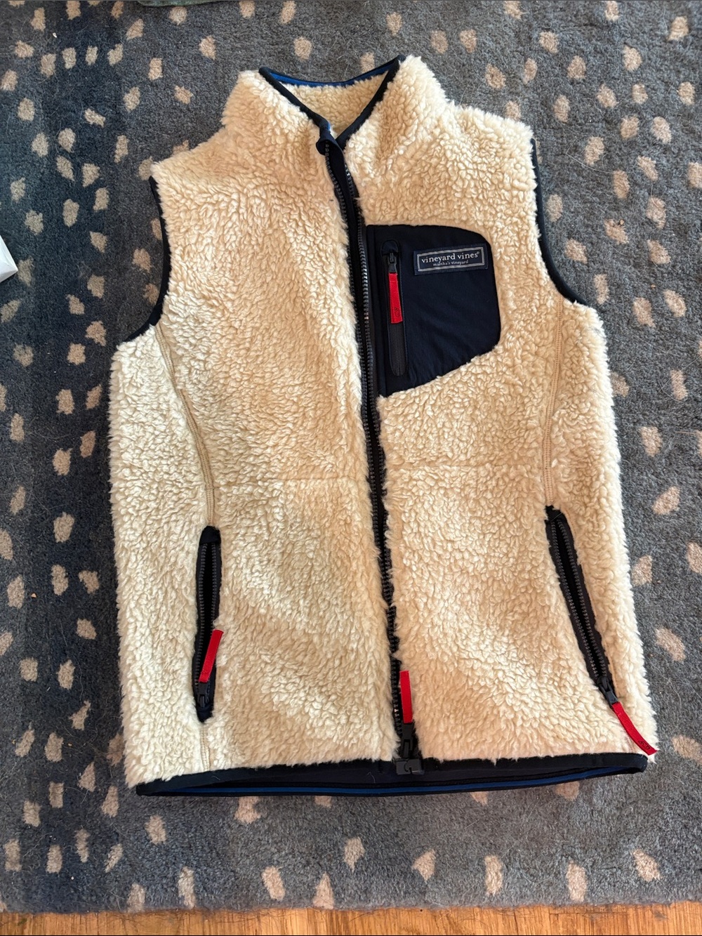 Vineyard Vines Cream Sherpa Vest with Navy Accents